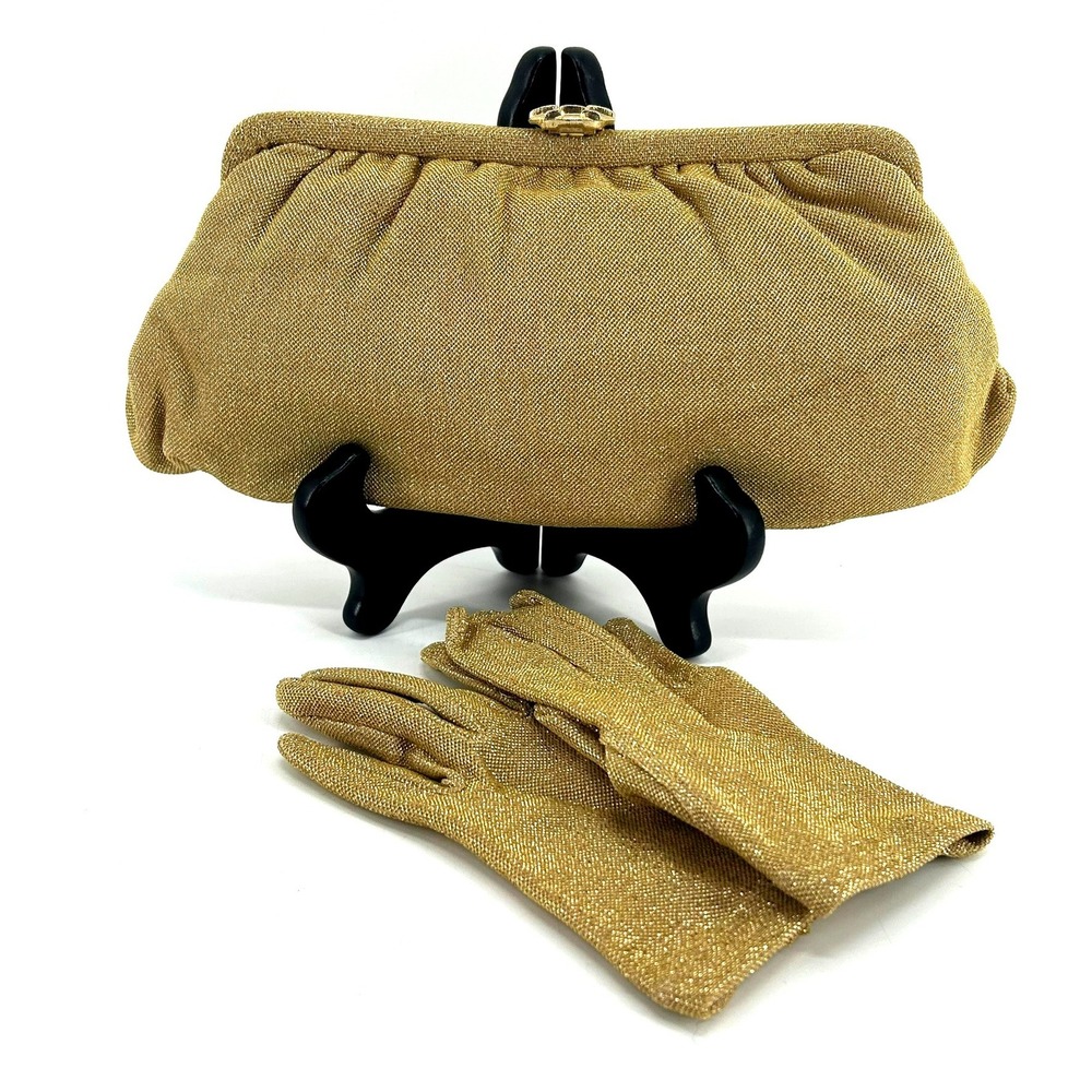 Vintage Gold Lame Evening Clutch Bag and Matching Gloves Set Metallic Formal
